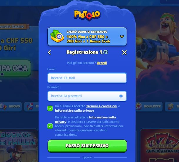 Registra nuovo account Pistolo inserendo email e password